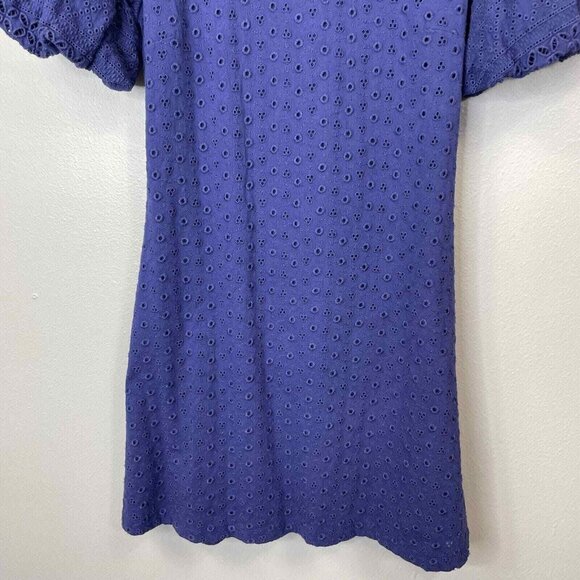 Free People Apricot Rose Mini Dress Womens Large Navy Blue Eyelet Puff Sleve - Picture 3 of 13